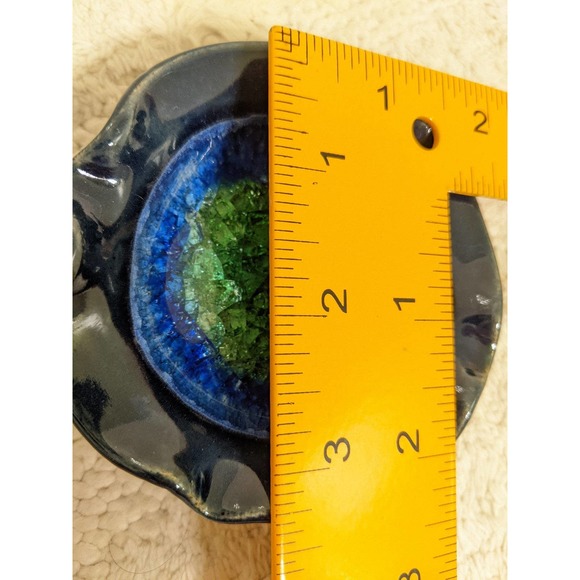 Pottery Crackle Glass Infused Pillar Candle Trinket Dish Blue Green Made In USA - Picture 3 of 3